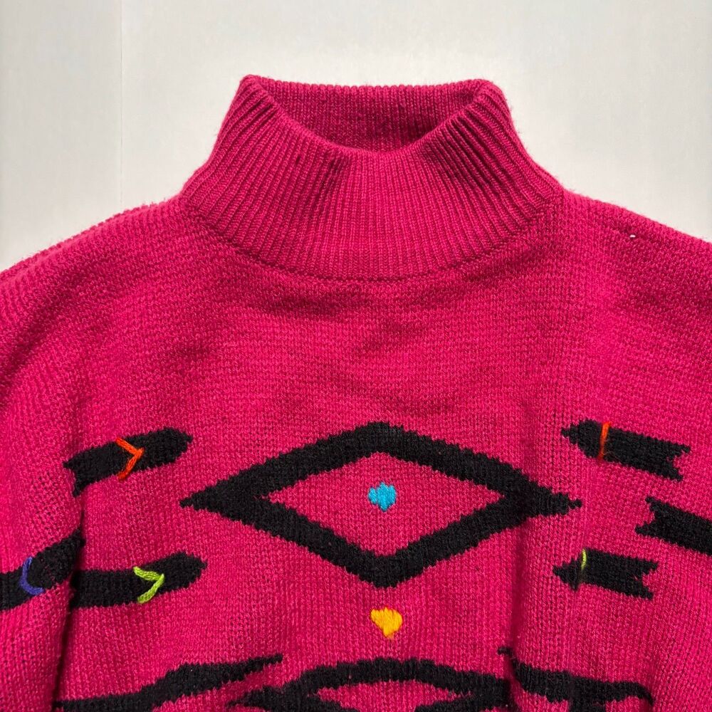 Vintage Retro Vibrant Pink Geometric Turtleneck Sweater 80's 90's - Picture 3 of 9